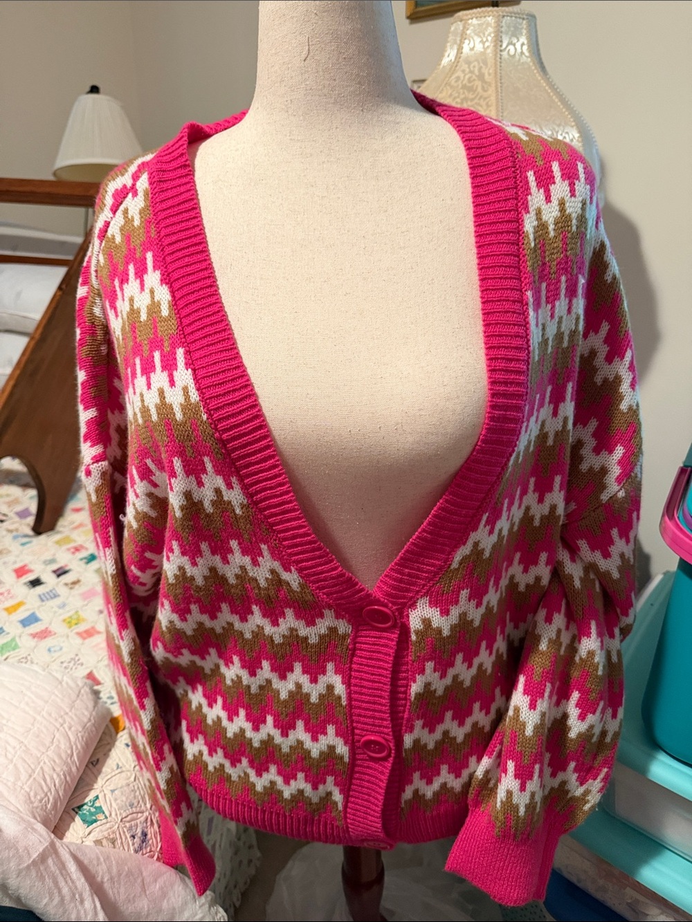 Cato Hot Pink Olive & Cream Patterned V-Neck Cardigan